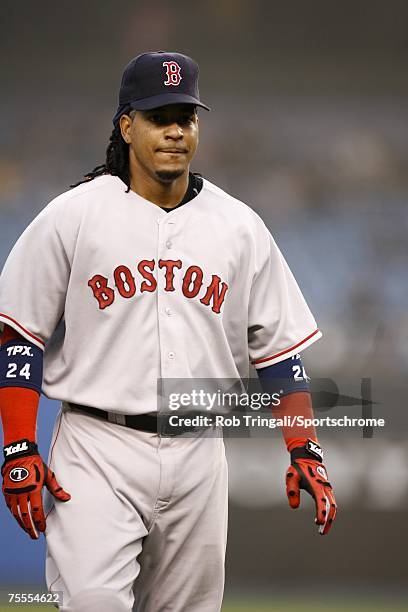 Manny Ramirez of the Boston Red Sox looks on against the New York Yankees at Yankee Stadium on April 27, 2006 in the Bronx borough of New York City...