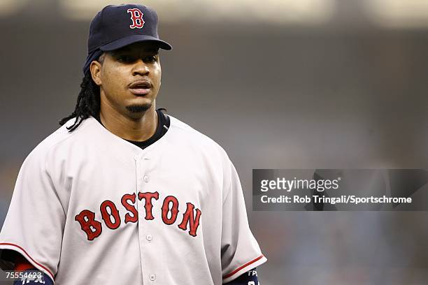 Manny Ramirez of the Boston Red Sox looks on against the New York Yankees at Yankee Stadium on April 27, 2006 in the Bronx borough of New York City...