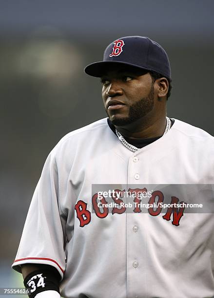 David Ortiz of the Boston Red Sox looks on against the New York Yankees at Yankee Stadium on April 27, 2007 in the Bronx borough of New York City The...