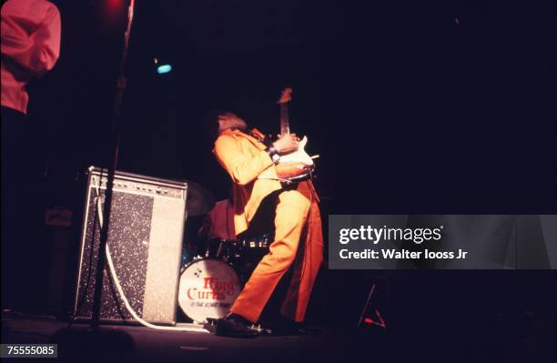 American blues and rock guitarist Buddy Guy performs during a 1970 concert in New York City, New York.