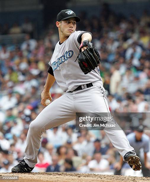 Dustin McGowan of the Toronto Blue Jays pitches against the New York Yankees during their game at Yankee Stadium on July 19, 2007 in the Bronx...