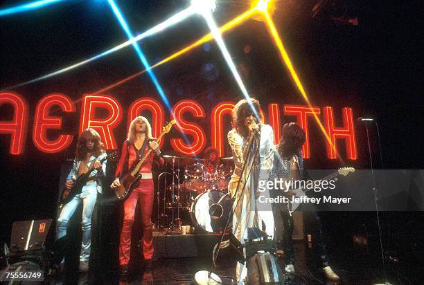 Brad Whitford, Tom Hamilton, Joey Kramer, Steven Tyler and Joe Perry of Aerosmith on "Midnight Special" in Burbank, CA