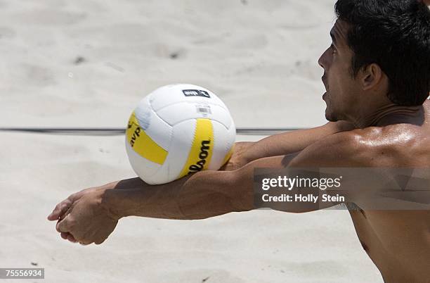 Anthony Medel digs the ball during men's semifinals against Todd Rogers and Phil Dalhausser in the AVP Seaside Heights Open at Seaside Heights Beach...