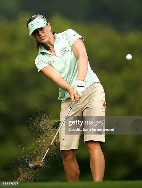 Annika Sorenstam of Sweden chips on the 19th hole during the first round of the HSBC Women's World Match Play at Wykagyl Country Club on July 19,...