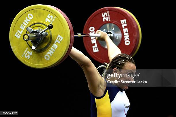 Eva Dimas of El Salvador competes in the women's 75kg weightlifting during the XV Pan American Games at Riocentro on July 17, 2007 in Rio de Janeiro,...