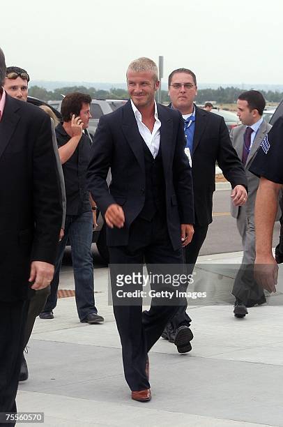 David Beckham of the Los Angeles Galaxy arrives prior to the 2007 Sierra Mist MLS All-Star Game at Dick's Sporting Goods Park on July 19, 2007 in...