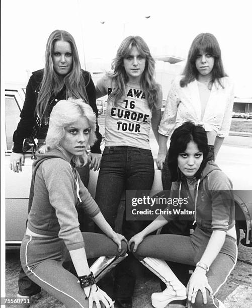 Lita Ford, Cherrie Currie, Sandy West, Joan Jett and Jackie Fox of The Runaways in London, 1976