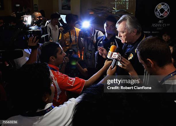 Coach of Japan Ivica Osim is questioned by the media after the Japan Asian Cup team press conference at the Sheraton Hotel on July 20, 2007 in Hanoi,...