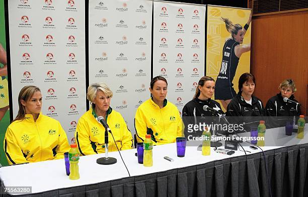 Australian netball vice-captain Sharelle McMahon, coach Norma Plummer, captain Liz Ellis with Silver Ferns captain Adele Wilson, coach Ruth Aitken...