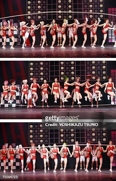 This combo picture shows performers dancing a precision high-kick routine as they jump over a jump rope during a preview of the Muscle Musical at a...