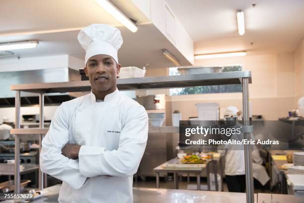 chef in commercial kitchen, portrait - chef hat stockfoto's en -beelden