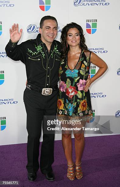 Christian Castro and his wife Valeria Liberman arrive at the Bank United Center for the Premios Juventud Awards on July 19, 2007 in Coral Gables,...