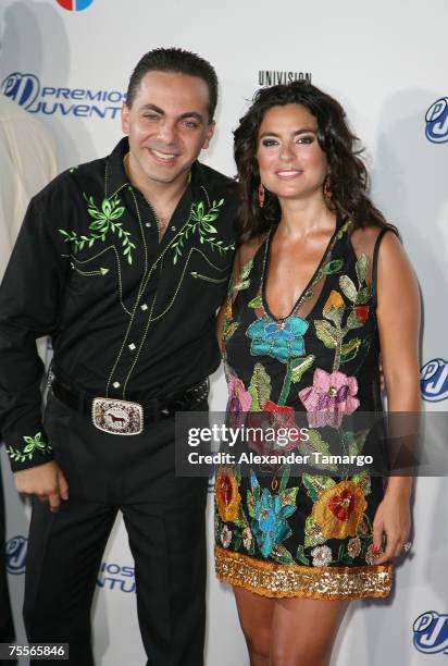 Christian Castro and his wife Valeria Liberman arrive at the Bank United Center for the Premios Juventud Awards on July 19, 2007 in Coral Gables,...