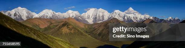 blue sky over snowcapped mountain range, sichuan, china - mount gongga stock pictures, royalty-free photos & images