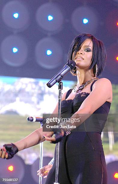 Pop Singer Rihanna performs on stage at the Tokyo leg of the Live Earth series of concerts, at Makuhari Messe, Chiba on July 7, 2007 in Tokyo, Japan....
