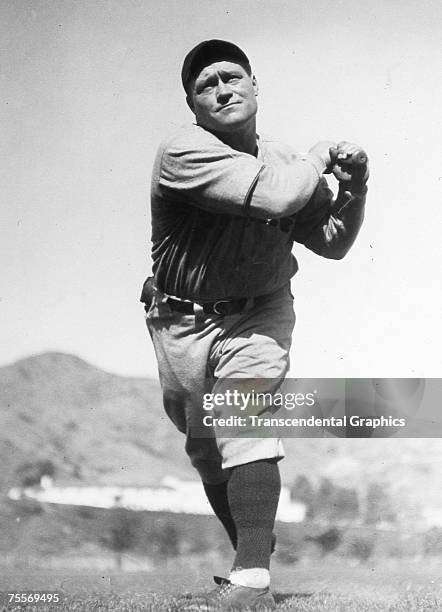 Hack Wilson, star outfielder for the Chicago Cubs, works out at the team's spring training facility at Catalina Island, California in March of 1929.