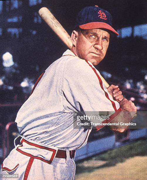 Enos Slaughter, outfielder for the St. Louis Cardinals, poses for a color portrait in Sportsmans Park in 1946.