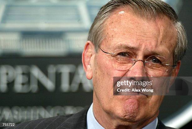 Secretary of Defense Donald Rumsfeld answers questions from reporters March 4, 2002 at the Pentagon in Washington, DC. Rumsfeld discussed the...