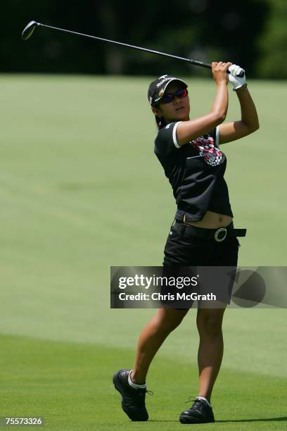 Ai Miyazato of Japan plays her second shot on the nineth hole during the second round of the HSBC Women's World Match Play Championship at Wykagyl...