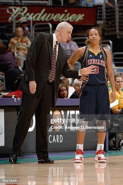 Sharp of the Indiana Fever talks with head coach Brian Winters during the WNBA game against the Los Angeles Sparks on July 5, 2007 at Staples Center...