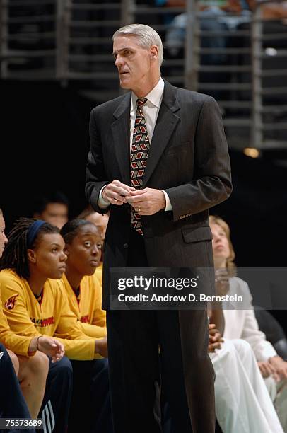 Head coach Brian Winters of the Los Angeles Sparks looks on from the sideline during the WNBA game against the Indiana Fever on July 5, 2007 at...