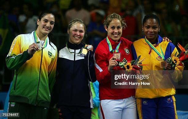 Mayra Silva of Brazil , Ronda Rousey of the United States of America , Catherine Roberge , Yuri Alver Colombia pose with medals after the Women's...