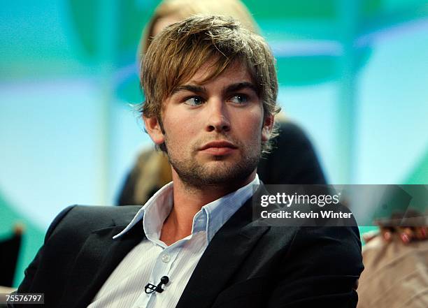 Actor Chace Crawford speaks for the television show "Gossip Girl" during the CW portion of the Television Critics Association Press Tour at the...