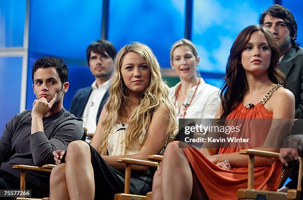 Actor Penn Badgley, actresses Blake Lively, and Leighton Meester speak for the television show "Gossip Girl" during the CW portion of the Television...