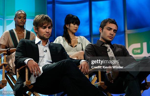 Actors Chace Crawford and Ed Westwick speak for the television show "Gossip Girl" during the CW portion of the Television Critics Association Press...