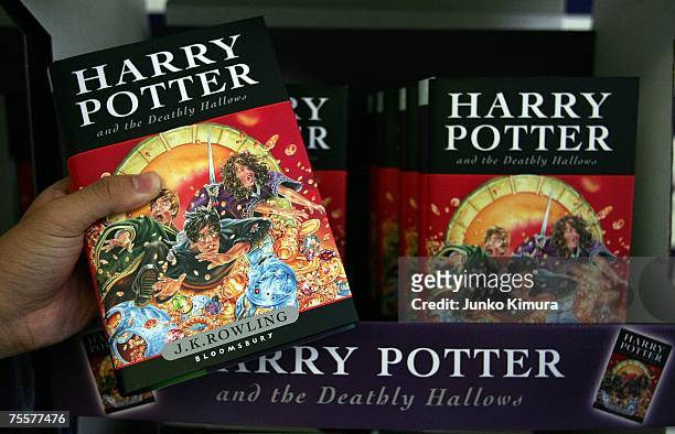 Copies of author J.K. Rowling's new novel "Harry Potter and the Deathly Hallows" is on display at Maruzen bookstore on July 21, 2007 in Tokyo, Japan....
