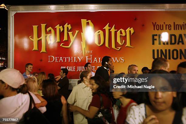 Fans wait to get in to the Barnes & Noble Booksellers Union Square for author J.K. Rowling's novel "Harry Potter and the Deathly Hallows" to go on...