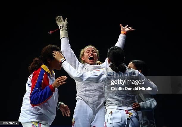 Mariana Gonzalez of Venezula celebrates her team's victory over Canada in the Gold Medal Final of the Women's Team Foil during the XV Pan American...