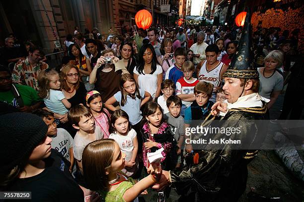 Harry Potter fans take part at the "Harry Potter Place" in celebration of the release of the "Harry Potter and the Deathly Hollows" book on July 20,...