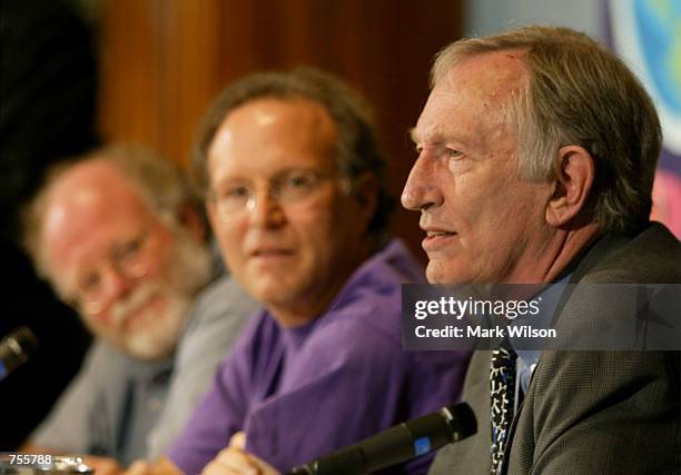 Senator Jim Jeffords flanked by ice cream makers, Ben Cohen and Jerry Greenfield speaks at the National Press Club April 2, 2002 in Washington DC....