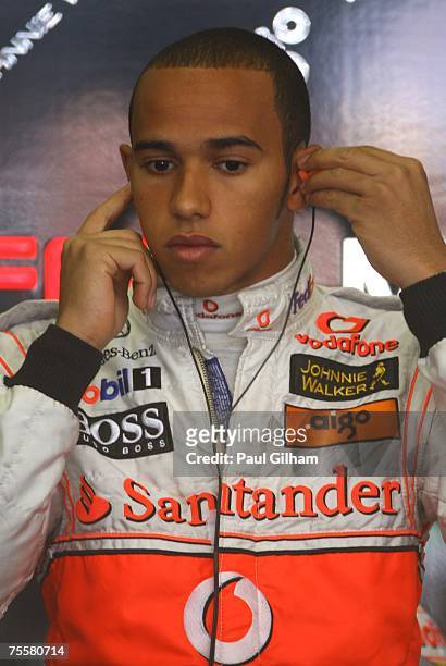 Lewis Hamilton of Great Britain and McLaren Mercedes is pictured in the team garage during the practice session prior to qualifying for the European...