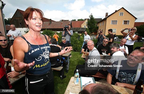 Gabriele Pauli , district administrator of the Bavarian district Fuerth delivers a speech taking part on a village feast during a motorcycle tour on...