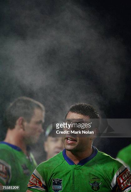 Lincoln Withers of the Raiders pleads with team mates after the Storm had scored during the round 19 NRL match between the Melbourne Storm and the...