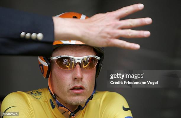 Michael Rasmussen of Denmark and Team Rabobank waits for the start of stage thirteen time trial of the Tour de France from Albi to Albi on July 21,...