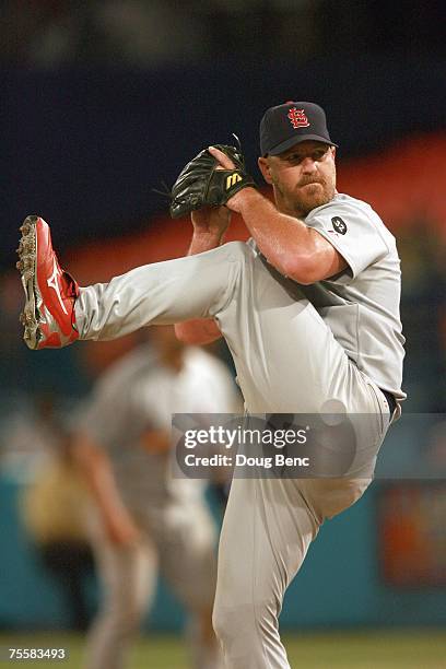 Relief pitcher Troy Percival of the St. Louis Cardinals pitches against the Florida Marlins at Dolphin Stadium on July 18, 2007 in Miami, Florida.