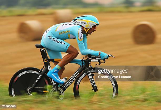 Andreas Kloeden of Germany and Astana rides during stage 13 of the 2007 Tour de France an individual time trial from Albi to Albi on July 21, 2007 in...