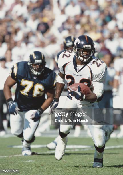 Olandis Gary, running back for the Denver Broncos making a play during the American Football Conference West game against the San Diego Chargers on 7...