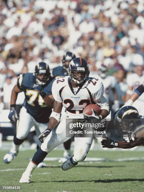 Olandis Gary, running back for the Denver Broncos making a play during the American Football Conference West game against the San Diego Chargers on 7...