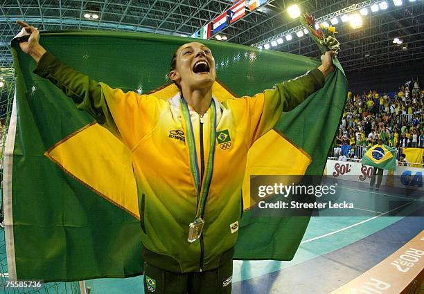 Fabiana Gripa of Brazil celebrates after defeating Cuba to win the gold medal in the women's handball finals during the XV Pan American Games at...