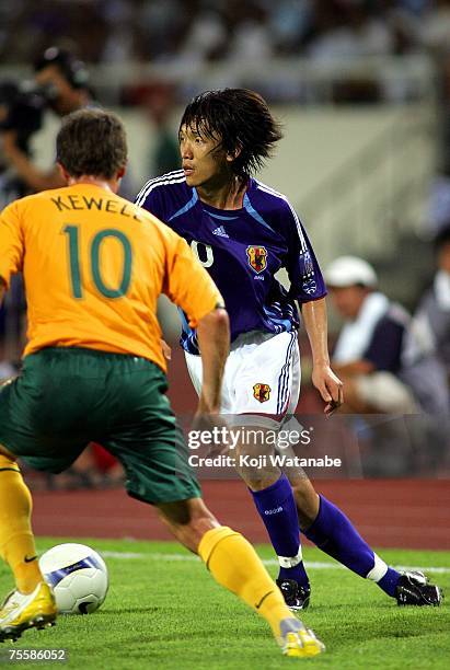 Shunsuke Nakamura of Japan plays against Harry Kewell of Australia during the AFC Asian Cup 2007 Quarter Final between Japan and the Australian...