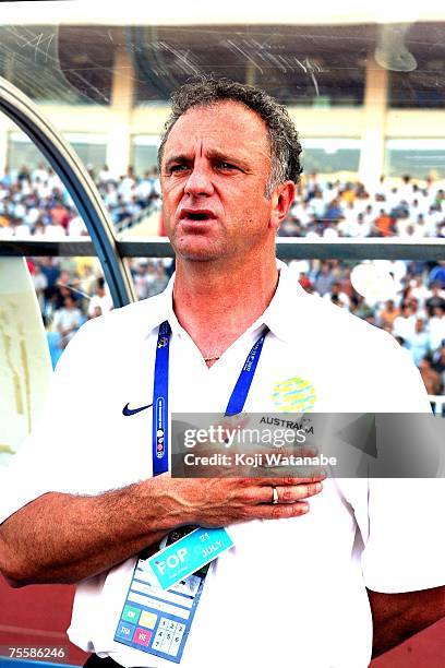 Australian team coach Graham Arnold is seen at the start of the AFC Asian Cup 2007 Quarter Final between Japan and the Australian Socceroos at My...