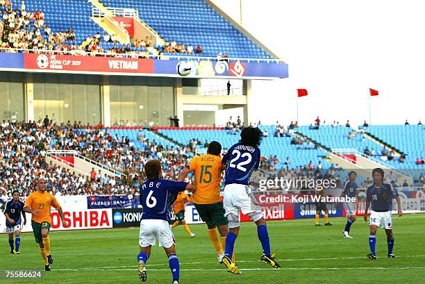 The Japanese team and Australian team battle for the ball during the AFC Asian Cup 2007 Quarter Final between Japan and the Australian Socceroos at...