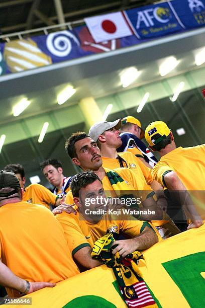 Australian supporters look on after the AFC Asian Cup 2007 Quarter Final between Japan and the Australian Socceroos at My Dinh National Stadium July...