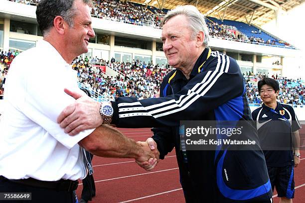 Japanese team coach Ivica Osim and Australian team coach Graham Arnold shake hands before the start of the AFC Asian Cup 2007 Quarter Final between...