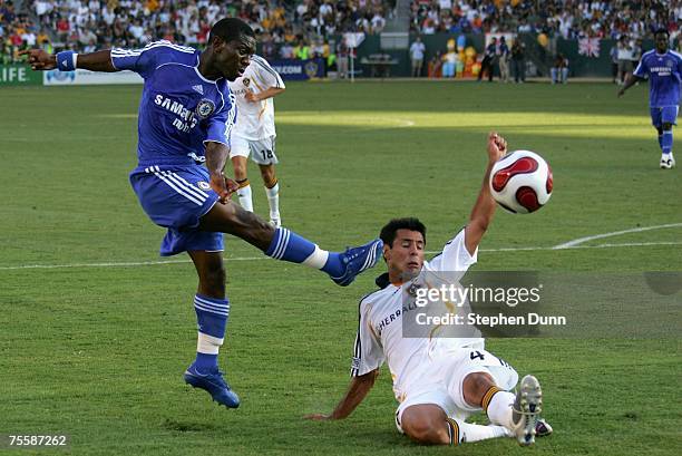 Shaun Wright-Phillips of Chelsea FC shoots the ball past Ante Jazic of the Los Angeles Galaxy during the second half of the World Series of Football...