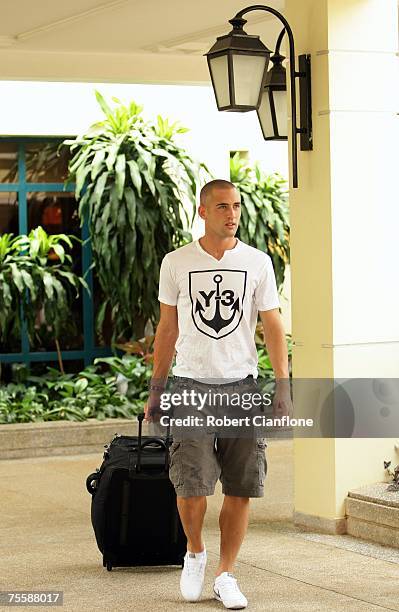 Carl Valeri of Australia leaves the team hotel with fellow members of the Australian Socceroos at the Sheraton Hotel on July 22, 2007 in Hanoi, Viet...